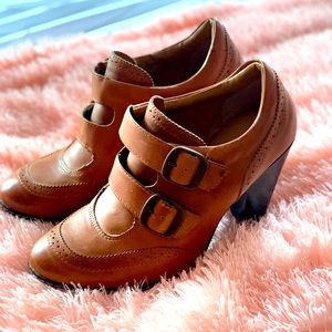 Sofft Tan Leather Double-Buckle Mary Jane Heel Booties